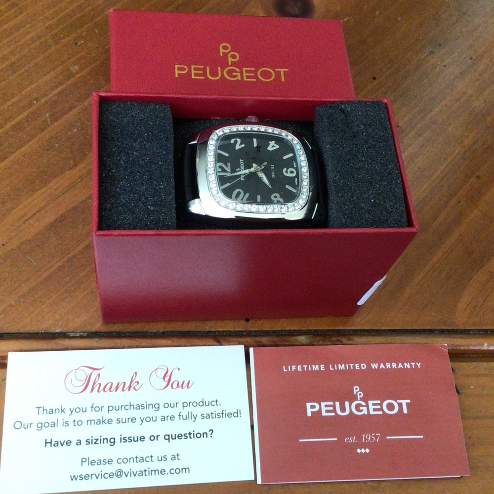 NWT Peugeot Womens Black Leather Boyfriend Watch with Swarovski accents